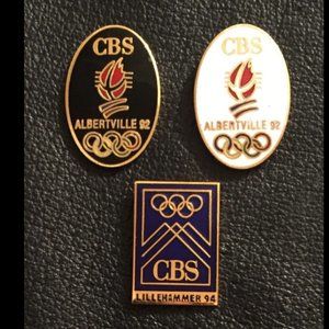 Set Lot of 3 CBS Olympic Media Sponsor Pin Badges Albertville Lillehammer 92 94